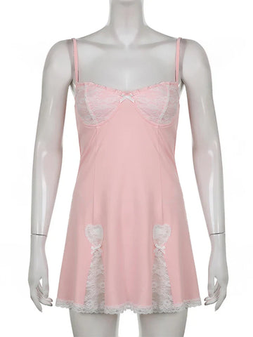 Voguable  Lace Patchwork Dress Pink Sleeveless Kawaii Sundress Sweet Japanese Style Aesthetic Outfit Y2K Beach Outfit Hot