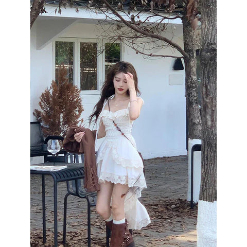 Voguable Y2K 2000S Irregular Midi Dress Fairy Lace Patchwork Strap One Pieces Dresses Vacation Korean Bodycon Vestidos