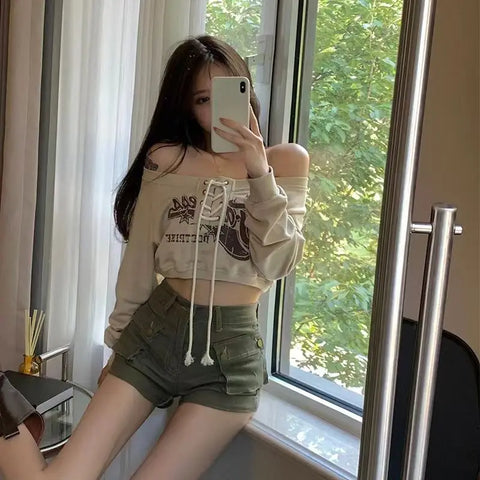 Deeptown Coquette Japanese Y2k Off Shoulder Sweatshirts Kpop Vintage Graphic Hoodies Korean Long Sleeve Beige Crop Outfits