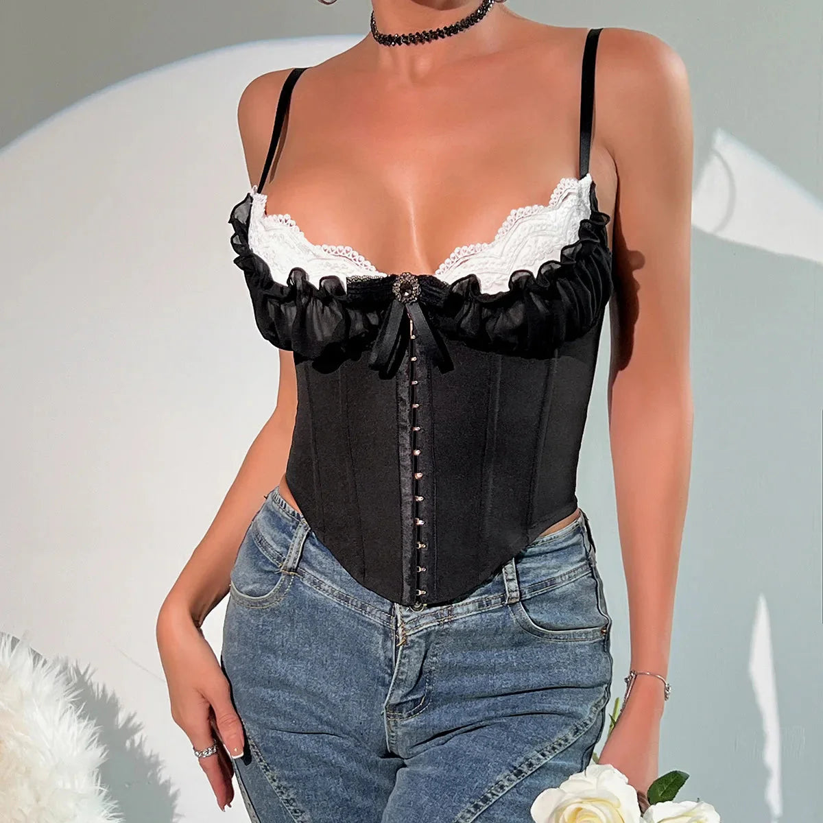 V Neck Y2K Crop Tops Lace Patchwork Pleated Bowknot Corset Top  Backless Slim Camisole Body Shape Fishbone Bustier