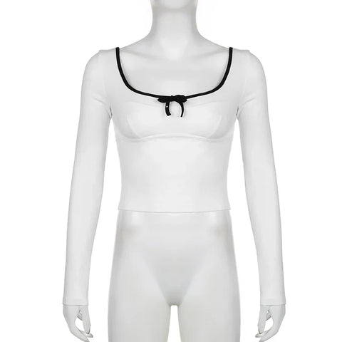 Voguable  Sweet Bow Contrast Patchwork Cropped Top Backless V-neck Slim-fit T-shirts Coquette Y2K Knitted Tees Women