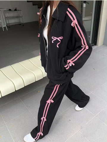 Voguable 2 Piece Skirt Sets FeY2k Clothing Zipper Bow Sweet Korean Hoodie Suits Studentseven Party Outwear