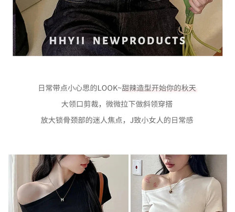 Solid Off Shoulder Short Sleeve T Shirt Simple Basic Single Sleeved Jumper Top Streetwear Slim Fit FeY2K Clothes Tees