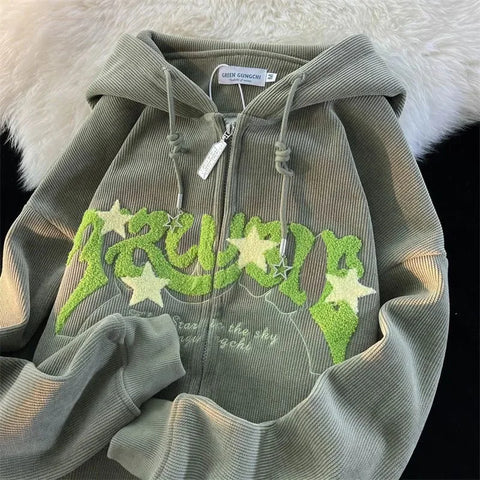 Y2k American Retro Embroidery Corduroy Coat Harajuku Thin Casual Preppy Loose Hoodie Cardigan Coat Trend