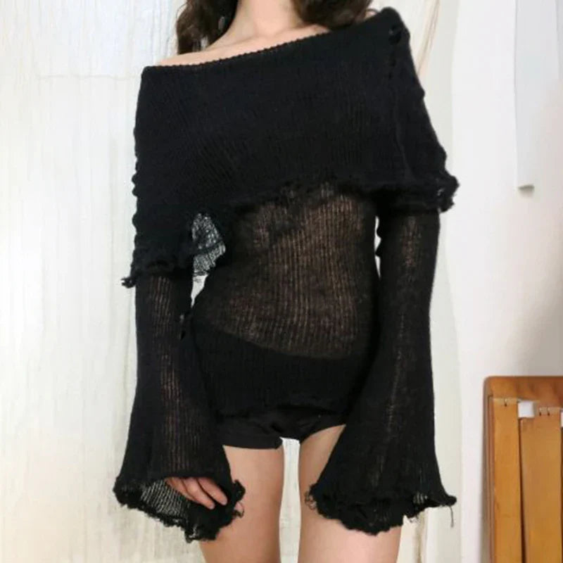Voguable Grunge Fairycore Off Shoulders Ripped Sweaters Slash Neck Goth Jumper Tops Y2K Dark Academic Pullover