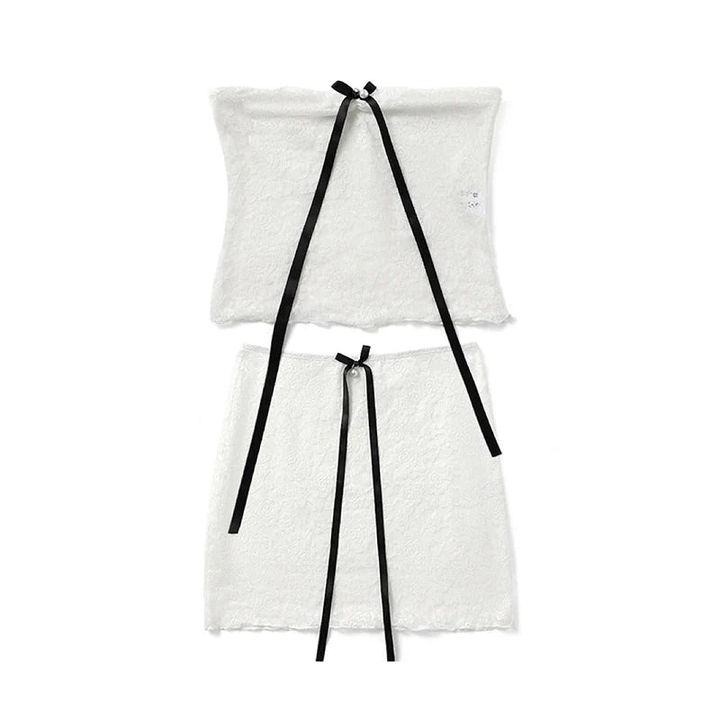 y2k Outfit Set Coquette Clothing Off Shoulder Strapless Tube Top and Mini Skirt with Bow 2000s Clothes Streetwear
