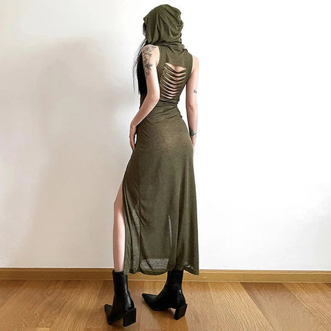 Wasteland Punk Dress y2k Solid Color Sleeveless Hollow Out Back Side Slit Hooded Dress 2000s Grunge Party Dresses