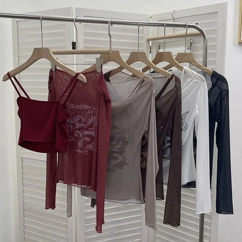 Slash Neck Mesh Sunscreen T Shirt Y2K Streetwear Print Long Sleeve Patchwork Camis Suit Folds Slim All Match Tees