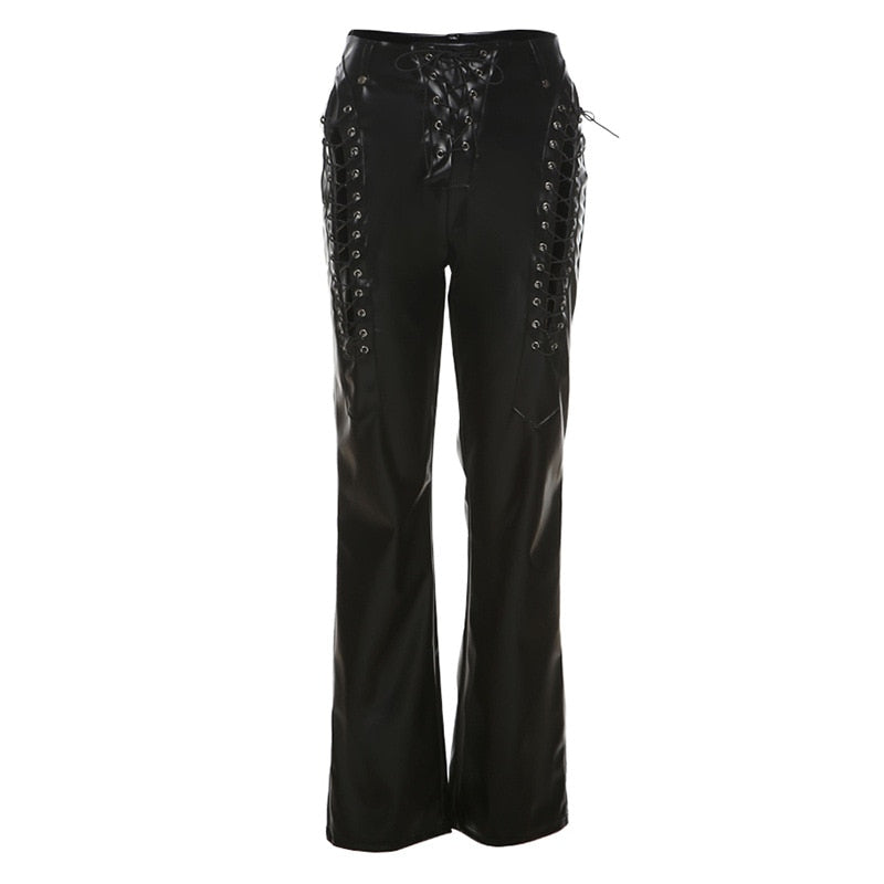 Lace Up PU Leather Pants Chic High Waist Hollow Out Y2K Drawstring Bandage Cut Out Gothic Faux Leather Trousers