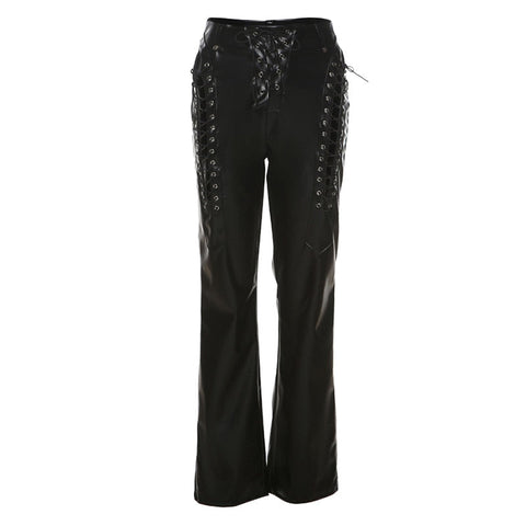 Lace Up PU Leather Pants Chic High Waist Hollow Out Y2K Drawstring Bandage Cut Out Gothic Faux Leather Trousers