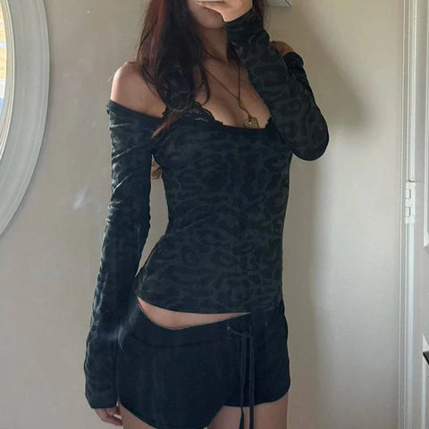 Leopard Print Black T Shirt Lace Patchwork Full Sleeve Tee y2k Chic Off-shoulder Cropped Top Vintage 2000s Clothing