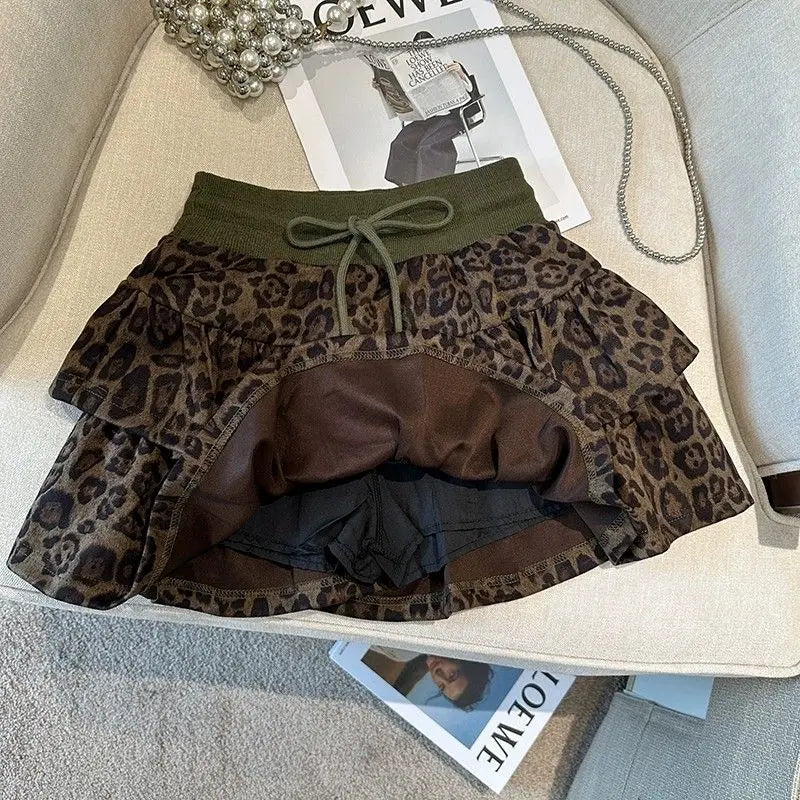 American Leopard Print Fluffy Skirts Y2K High Waist Ruffles Mini Skirts Sweet Preppy All Match A Line Skirt