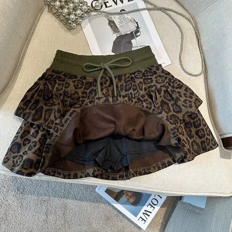 American Leopard Print Fluffy Skirts Y2K High Waist Ruffles Mini Skirts Sweet Preppy All Match A Line Skirt