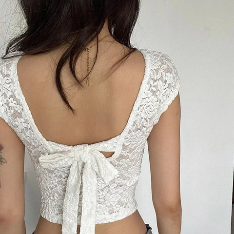 Y2K Lace Patchwork T Shirt French Backless Lace-Up Short Sleeve White Crop Tops FeSlim Bottoming Tees