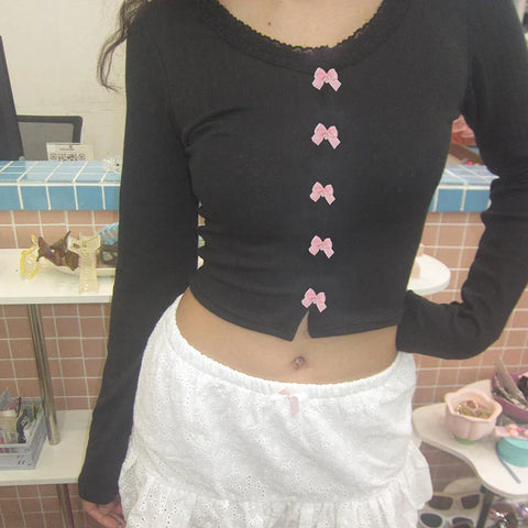 Voguable  Kawaii Multi Bow Single-breasted Knitted Top Solid Japanese Lolita Style Cropped Tops Sweet Barbiecore T-shirt y2k Tees