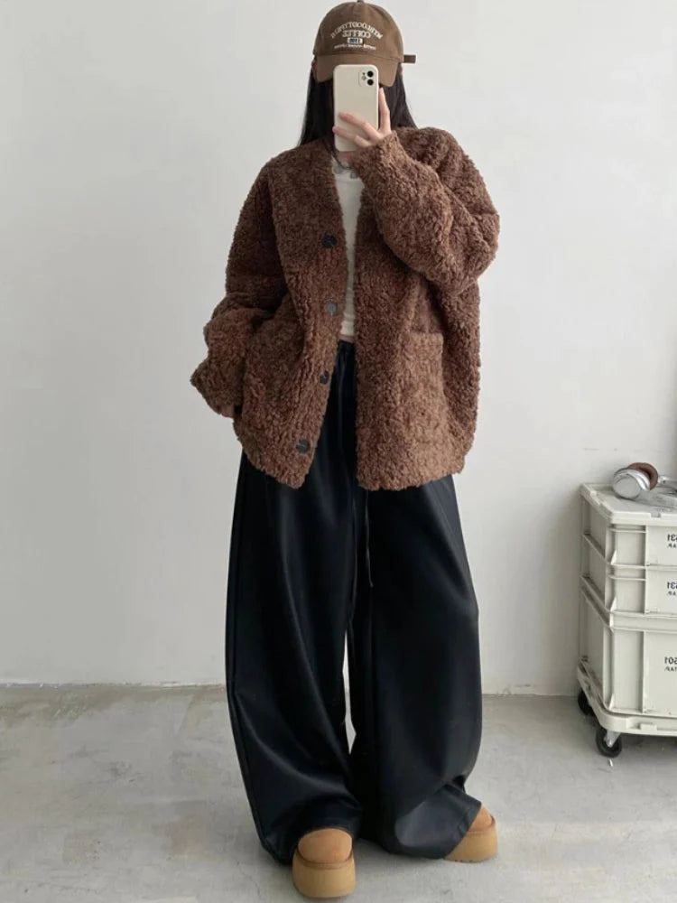 Black Pu Leather Pants Y2K Korean Elegant Drawstring Wide Leg Trousers High Waist Oversized Streetwear Trousers