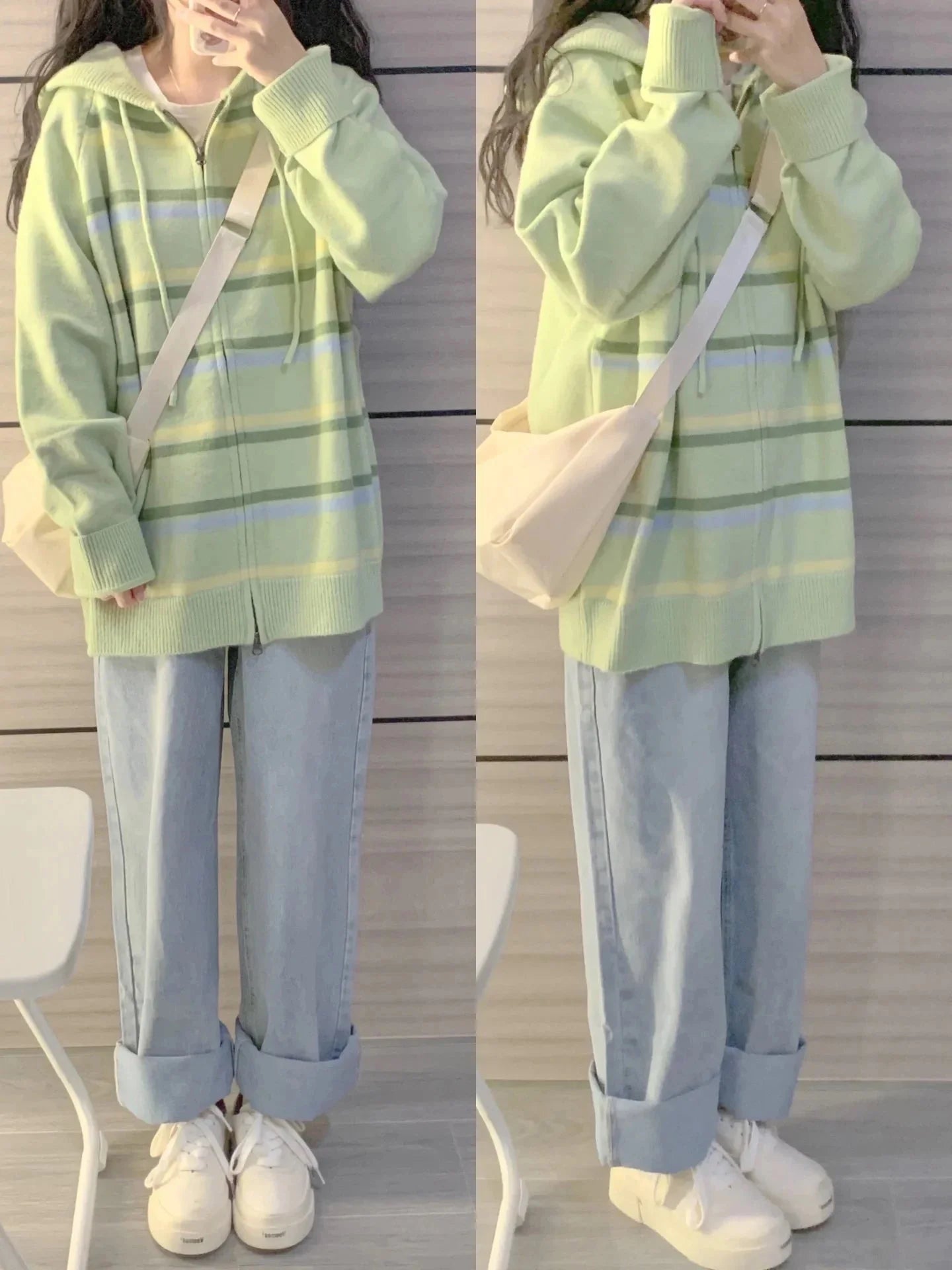 Y2k Aesthetic Stripe Hoodes Cardigans Double Zipper Casual Knitwear Harajuku Ladies Jacket Vintage Loose Grunge Sweater