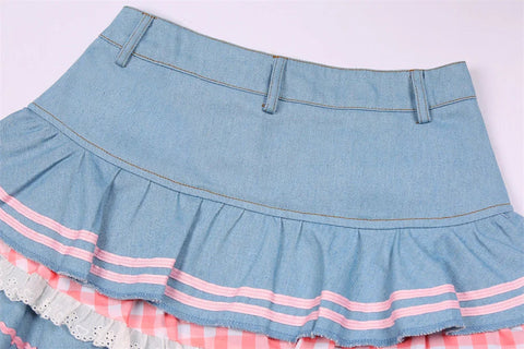 Y2k Kawaii Denim Skirt Mini Party Sweet Ball Gown Aesthetic High Waist Skirts 4 Layer Ruffle Cake Skirts E Girls Skater
