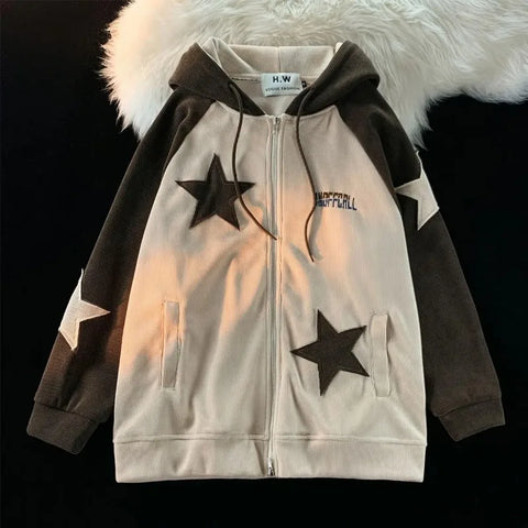 Voguable Y2K Harajuku Style Star Patch Zipper Hooded Streetwear Popular Casual Joker Sweatshirt Unisex Stitching Tops