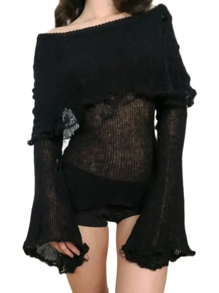 Voguable Grunge Fairycore Off Shoulders Ripped Sweaters Slash Neck Goth Jumper Tops Y2K Dark Academic Pullover