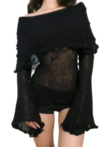 Voguable Grunge Fairycore Off Shoulders Ripped Sweaters Slash Neck Goth Jumper Tops Y2K Dark Academic Pullover