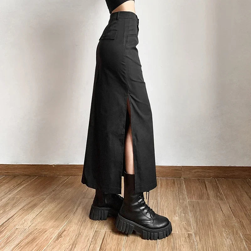 Midi Skirts Goth Dark Grunge Casual Tag Split Mall Gothic Punk High Raise Slim Long Skirt Y2k Streetwear