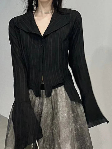 Voguable  Gothic Harajuku Black Shirt Vintage Long Sleeve Y2K Blouse Casual American Retro Irregular V Neck Loose Tops Spring