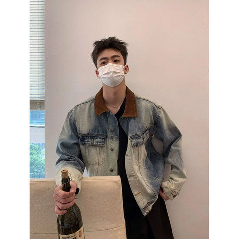 and Style Distressed Denim Jacket Korean Style Premium Contrast Color Casual Lapel Clothing Y2k