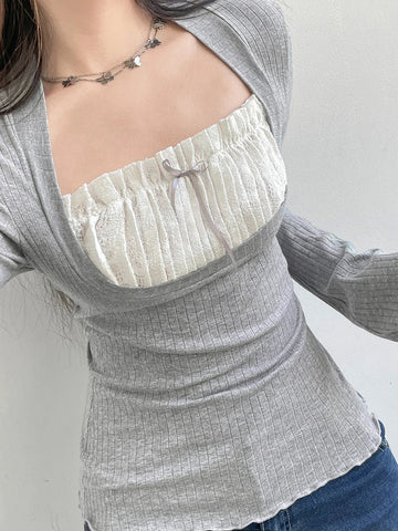 Voguable  y2k Lace Patchwork Fake Two Piece T-shirt Fairycore Flare Long Sleeve Tops Casual Kawaii Clothes Korean Shirt