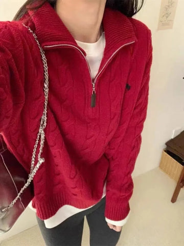 Voguable  Y2k Vintage Streetwear Knitted Pullovers Korean Style Casual Losse Zipper Solid Embroidery Sweater