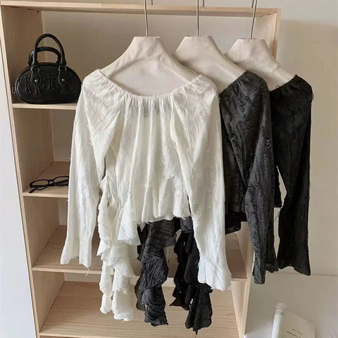 Irregular Patchwork T Shirts Y2K Gothic Ruffled Sleeve FeTops Streetwear Hollow Out Hole Casual Tees New