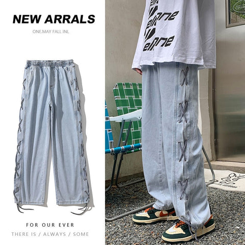 Cross Ribbon Jeans Baggy Designer Brand Denim Pants Y2K Gothic Streetwear Korean Clothing Trousers