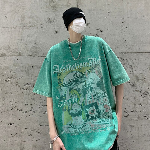 High Street  American Short Sleeve T-shirt Graffiti Loose Washed Trend Y2k Casual Top Tshirt Streetwear Cotton Tees