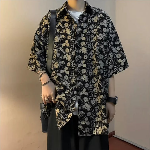 loose casual retro Hong Kong style design niche floral shirt short sleeved ins handsome casual t shirts trend y2k