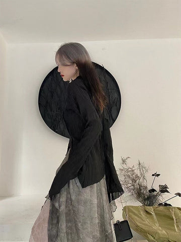 Voguable Gothic Black Shirt Yamamoto Style Dark Aesthetic Blouse Irregular Designer Clothes Emo Alt Clothes Grunge Tops Y2k