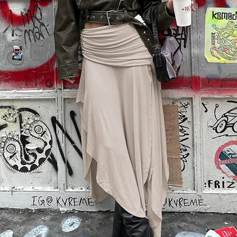 Folds Split Long Skirt Low Rise Loose A-line Midi Skirts For Casual y2k Ladies Holiday Outfits Harajuku 90s