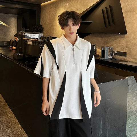 Laple T-Shirt Urban Streetwear Polo Style Two-Tone Design Casual Tee Y2K Trendy Oversized Top Breathable Cotton Blend