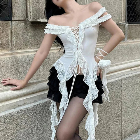 Fairy Coquette y2k Top Lace Patchwork Off Shoulder Sleeveless Irregular Hem T Shirt 2000s Party Clubwear