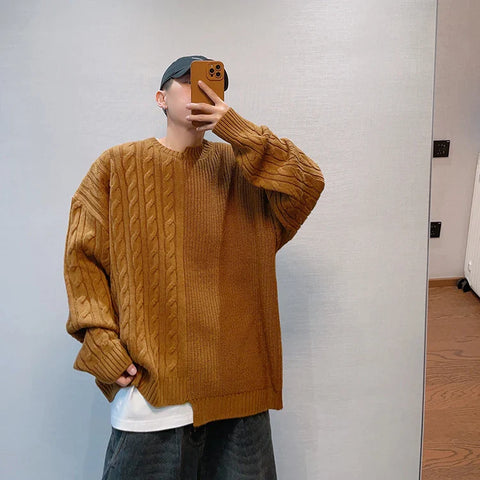 Voguable Knitted Sweater Japanese Y2K Oversize Casual Winter Irregular O-neck Pullovers for Man Old Money Streetwear