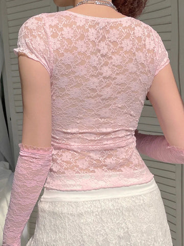Voguable  Bow Patchwork Lace Crop Top Y2K Aesthetic T-shirt Short Sleeve Kawaii Clothes Lolita Style Cute Pullovers Fairycore Tee