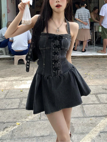 Voguable  Aesthetic Vintage Loose Slash Neck Dress Elegant Slim Sleeveless Dresses FeY2k Lace Up Clothes Streetwear