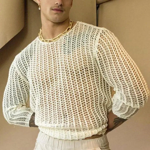 Y2k Oversized T-Shirt Pullover Sweater Meshed Hollowed-Out Long Sleeves T-Shirt
