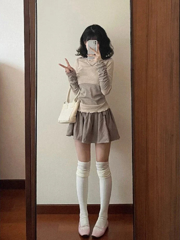 Voguable Elegant Casual Outwear 2 Piece Skirt Set Woman Slim Bodycon Knitted Blouse + Sweet Y2k Mini Skirt Suit Chic