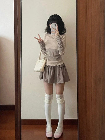 Voguable Elegant Casual Outwear 2 Piece Skirt Set Woman Slim Bodycon Knitted Blouse + Sweet Y2k Mini Skirt Suit Chic