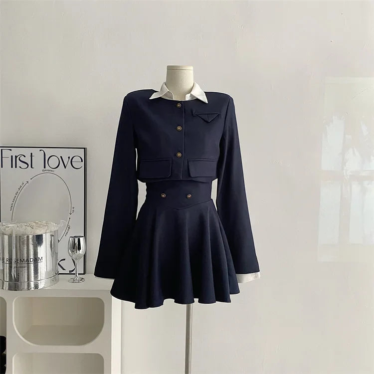 Voguable  Y2K 3 Piece Set Cropped Coat + Long Sleeve Shirt + High Waist Halter Ruffles Mini Dress Korean Chic Outfits