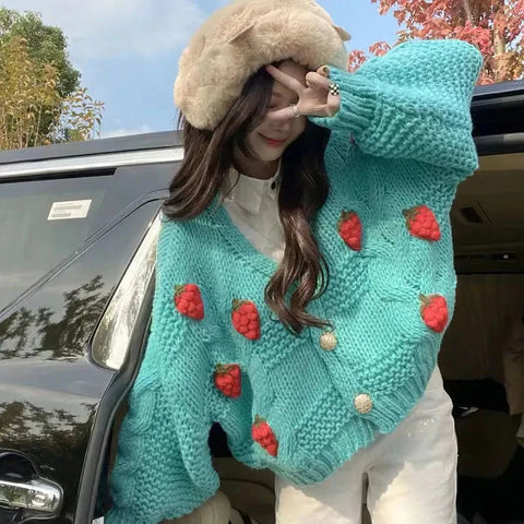 Winter Strawberry Knitting Cardigan Y2K Loose Long Sleeve Thicken Warm Sweater Korean Chic Preppy Sweater