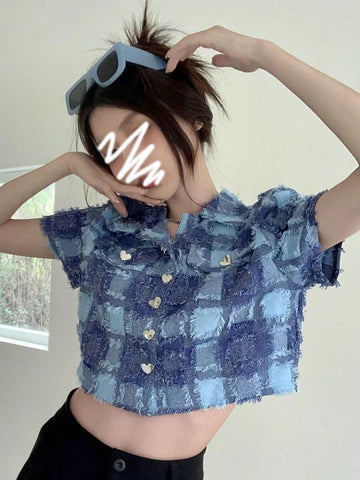 Tassel Cropped Plaid Shirt Vintage Streetwear Short Sleeve Blouse Casual Retro American Short Y2K Tops