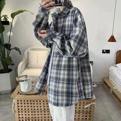 Turn-down Collar Long Sleeve Plaid Blouse Clothing Korean All-match Simplicity Button Y2K Shirts