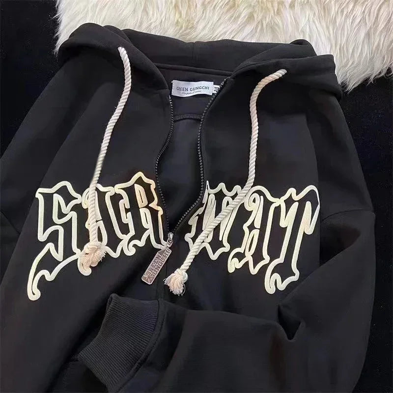 Y2K Letter Embroidered Hoodie Winter Vintage Zip Up Oversized Sweatshirt Harajuku Long Sleeve Hooded Jacket Clothes