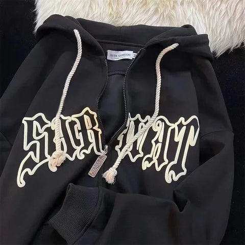 Y2K Letter Embroidered Hoodie Winter Vintage Zip Up Oversized Sweatshirt Harajuku Long Sleeve Hooded Jacket Clothes
